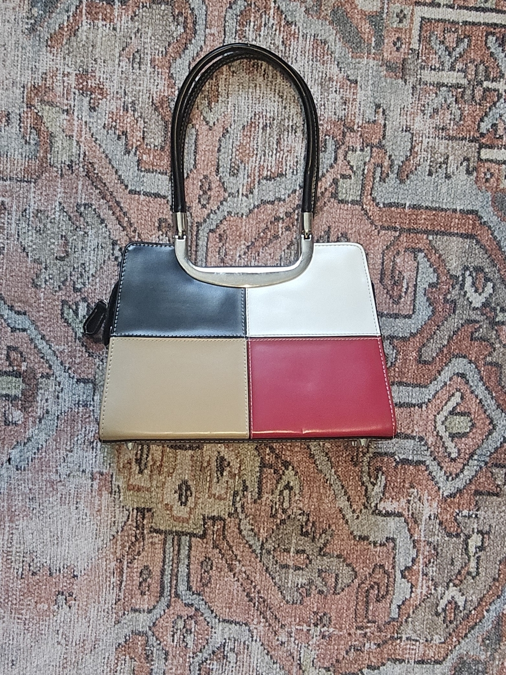 Colorblock Four-Panel Tote Bag in Black, White, Cream & Red